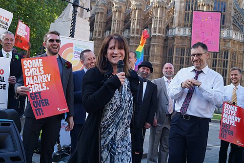 Lynne Featherstone addressing crowds at the marriage equality celebration rally.