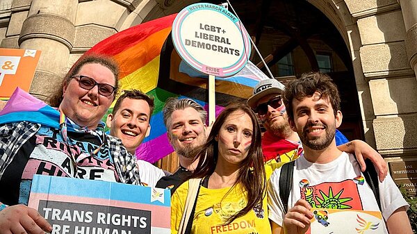 Executive team at Pride in London pose for photo outside the National Liberal Club, London.