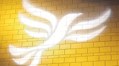 Lib Dem logo bird projected on blockwork