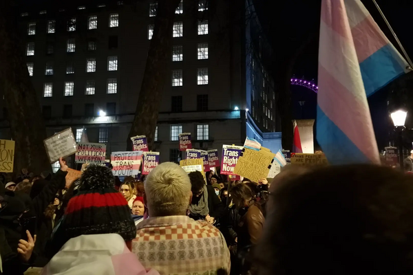 Large crowd of demonstrators holding various placards and trans flags on Whitehall, outside Downing Street.