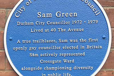 Plaque recording that Sam Green lived at this address in Durham