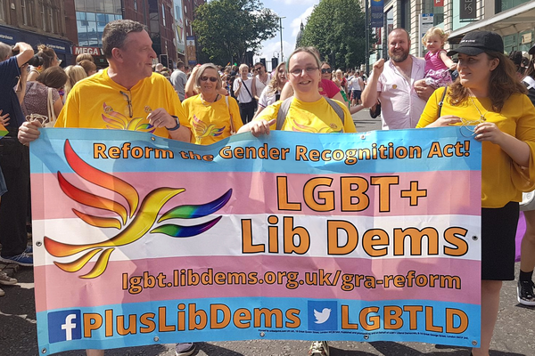 Lib Dems at Leeds Pride 2018 with Gender Reform Act Banner